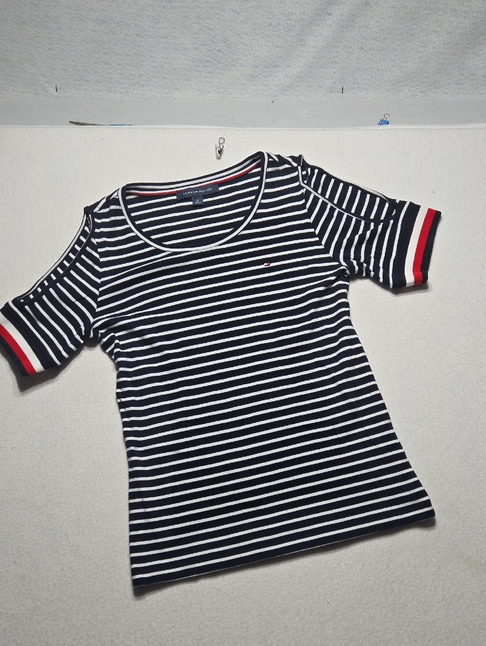 Tommy Hilfiger Navy, White & Red Stripe "Cold Shoulder" Crew Neck Tee